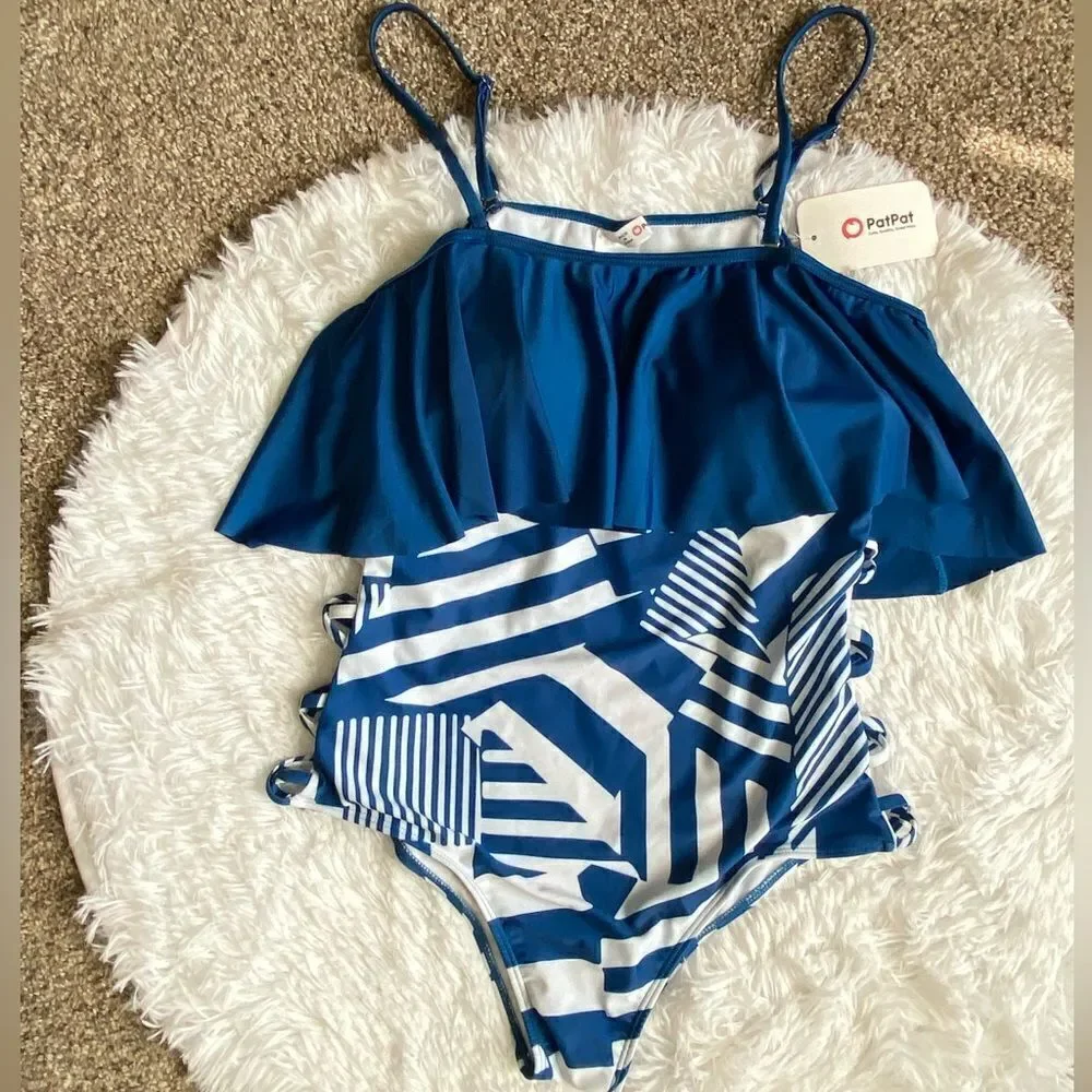 Patpat One Piece Swimsuit Blue‎ White Striped Ruffle Top Open Sides Womens Large